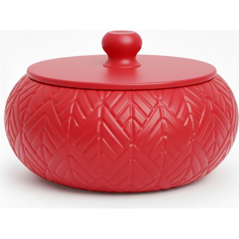 Scatola portagioie rossa con coperchio decorativo per la toeletta.