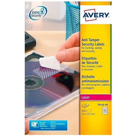 Etiquette de sécurité laser 45,7 x 21,2 mm Avery L6113-20 blanche - Pochette de 960 (1/5)