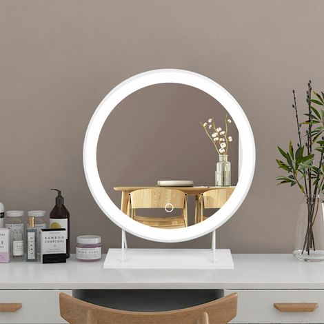 Miroir grossissant, Grand miroir de maquillage illuminé avec miroir de courtoisie à LED illuminé, miroir à LED à intensité variable, miroir rond rotatif, miroir de beauté à LED de bureau, Blanc (1/5)