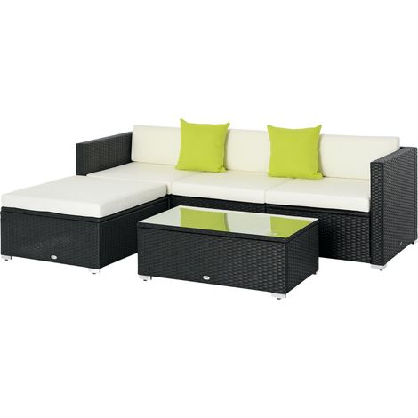 4-Seater Rattan Sofa Set Set Garden Outdoor Sectional Sofa Coffee Table Metal Frame w/Cushion Pillows-Black