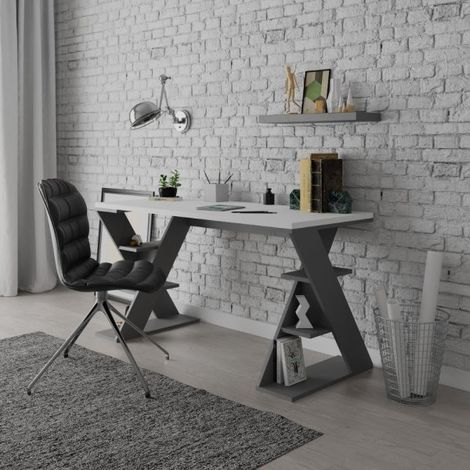 Scrivania Papillon bianca e antracite con gambe a X e ripiani integrati 137x60x75