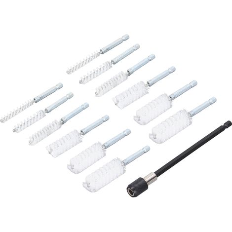 13-teiliges Bohrmaschinen-Reinigungsbürsten-Set, Durchmesser 8–19 mm, 1/4"-Schaft, 15 cm Verlängerungsstange, weißes Nylon (1/5)