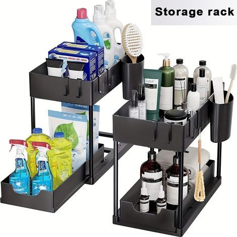 Lot de 2 organisateurs sous évier – Tiroir coulissant pour accès facile – Rangement cuisine et salle de bain – Noir – 8 crochets inclus (1/5)