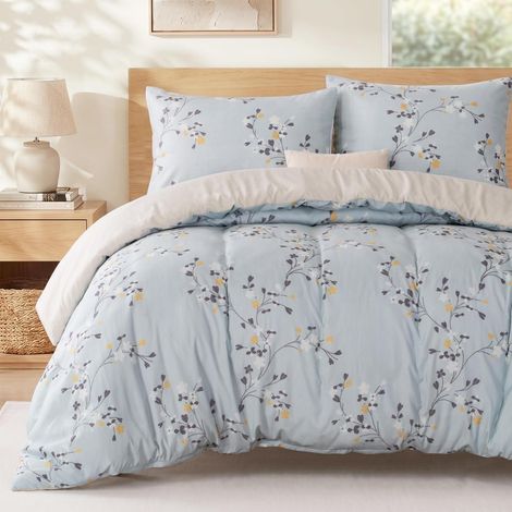 Bettwäsche-Set 155x220 cm, Mikrofaser, botanischer Druck, hellblau