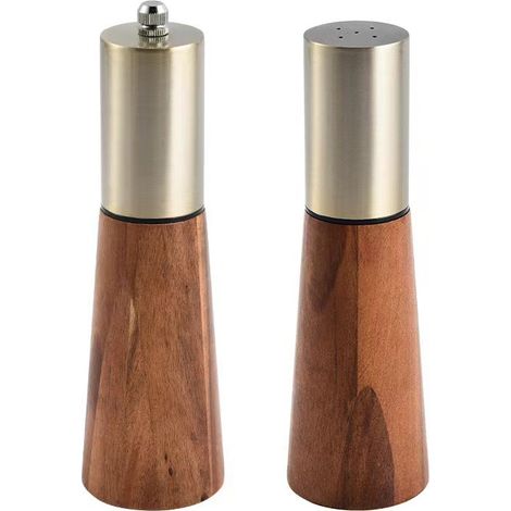 Ensemble d'ustensiles de cuisine 2 pièces – Moulin à poivre et à sel – Métal et bois d'acacia – Bouteille à épices en acier inoxydable/bois – Moulin à main – Pot à épices – Couleur dorée (1/4)