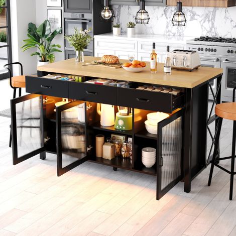 Aparador de cocina con 3 cajones, 3 puertas de vidrio y LED, patas de mesa regulables, en MDF, negro, 150x80x90 cm (1/5)