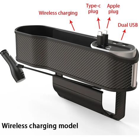 Organisateur de siège auto (modèle avancé) avec porte-gobelet, poche latérale pour console centrale avant, chargement sans fil, USB-C et Lightning. (1/5)