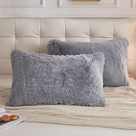 Lot de 2 taies d'oreiller de 50 x 70 cm - En peluche - Très doux - Pour canapé, décoration de jardin, extérieur - Gris - 50 x 70 cm (1/5)