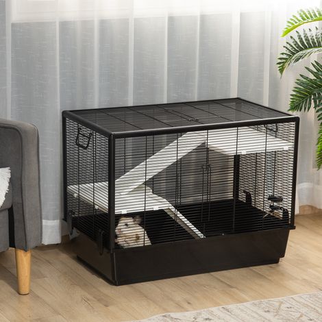 Cage pour cobaye avec poignée. Réservoir d'eau. Rampe et bac. 80 x 48 x 58 cm. Noire. (1/5)