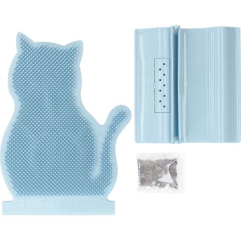 Brosse de toilettage pour chat Auto-masseuse en PE avec cataire Gratte-dos anti-stress Bleu Facile à installer et détachable (1/4)