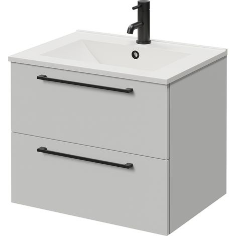 Napoli 460 Gloss Grey Pearl 600mm Wall Mounted 2 Drawer Vanity Unit with Angel Basin - 600mm - Matt Black 320mm Handle
