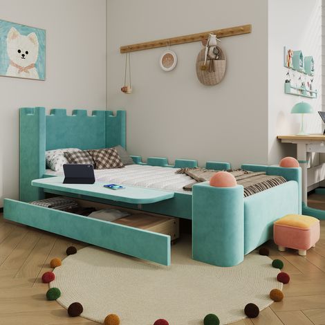 Kinder-Einzelbett 90x200 mit klappbarem Seitenregal und Schublade, Blaugrün HAVRYA (1/5)