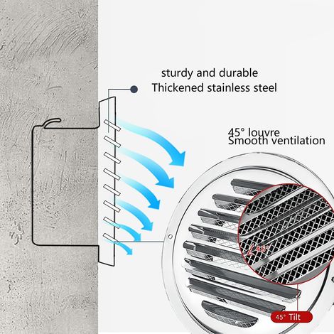 Grille de ventilation ronde 200 mm inox, bouche d'extraction avec protection anti-insectes, lot de 2, pour garage, cuisine, salle de bain, mur et hotte d'air. (1/4)