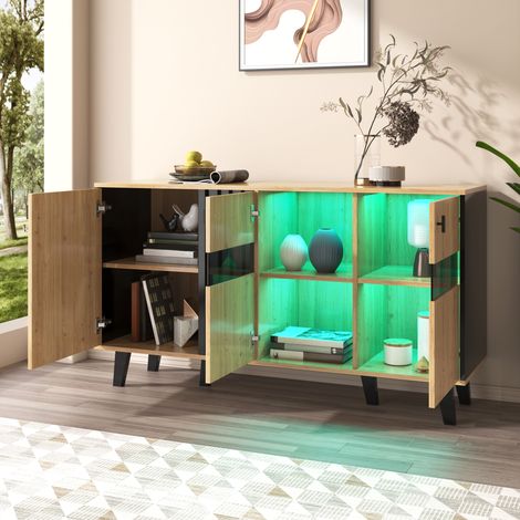 Sideboard mit 3 Türen und Innenregalen, LED und Glastür, Rustikal Modern, aus Spanplatte, Naturholz-Optik, 140×41×78,5 cm