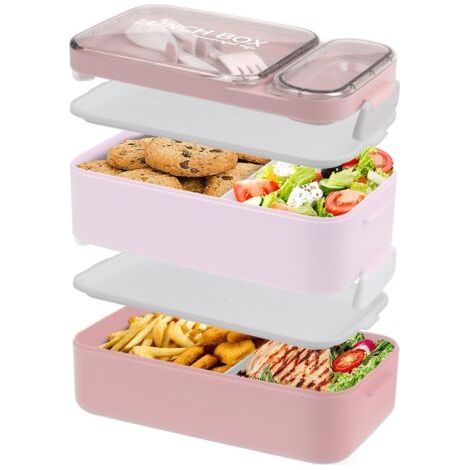 Boîte à Déjeuner Bento pour Adulte, 1600ml Grande 2 Couches Boîte à Bento avec Couverts et Boîtes à Sauce, Lunch Box Sans BPA Anti-Fuite pour Travail, L'école, Rose (1/5)
