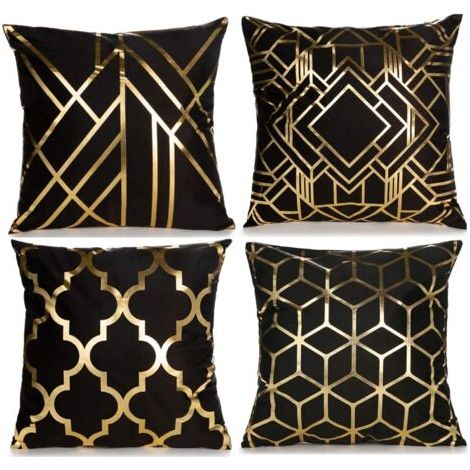 Ensemble de 4 housses de coussin décoratives pour la maison, taies d'oreiller en feuille d'or, 45 x 45 cm, coussin carré géométrique, décoration pour canapé, chambre à coucher (noir et or
