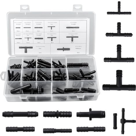 113pcs Raccord Tuyau Lave Glace, 12 Tailles Raccord Tuyau D'arrosage en T, Droit, Conique, Adapté aux Tuyaux de Lave-Glace, Tuyaux D'arrosage, Systèmes D'lrrigation (1/5)