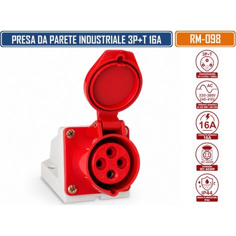 RAIMI RM-098 PRESA INDUSTRIALE DA PARETE 3P+T 16A 220-380V / 240-415V AC IP44 IEC 60309 (1/5)