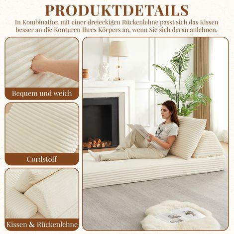 Canapé modulable 211,5x106,5x62 cm en tissu côtelé beige, convertible pour salon moderne FloraGrace (1/5)
