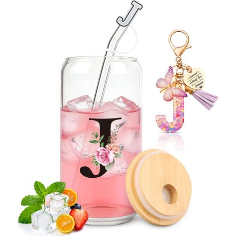 Tasse en verre avec lettre J avec couvercle et paille, cadeaux personnalisés pour les femmes, pour un anniversaire, Noël, la Saint-Valentin (1/5)