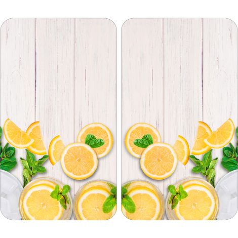 Wenko – Protège-plaques en verre trempé 52x30cm – Set de 2 avec pieds antidérapants – Résistant aux températures élevées – Motif citron (1/10)