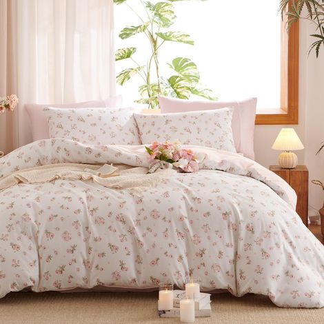 Housse de Couette 220x240 Blanc Rose Feuilles Fleurs Ado Adultes Parure de Lit 2 Personnes avec Fermeture Éclair Housse Couette en Microfibre avec 2 Taies d'oreiller 65x65 cm (1/5)