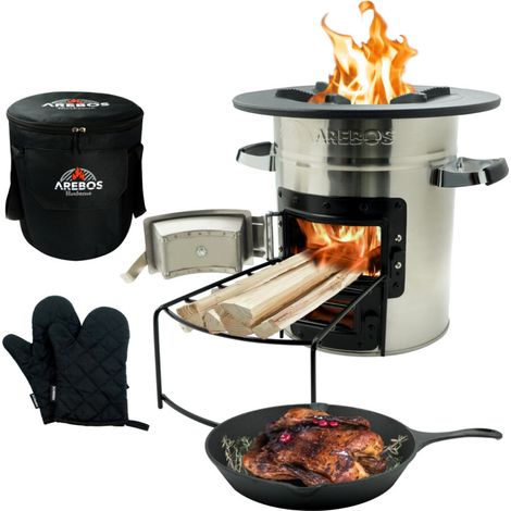 AREBOS Rocket Stove incl. Grill Pan Dutch Oven BBQ Rocket Stove Camping Stove Silver