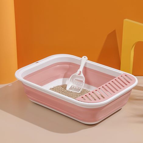 Nouveau bac à litière pour chat de compagnie semi-fermé pliant chat toilette surdimensionné anti-éclaboussures nettoyage chat fournitures (rose) (1/5)