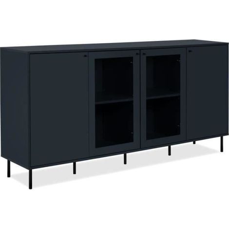 Buffet bas - CARACAS - Décor bleu navy - 2 portes vitrées + 2 portes - L180 x H90 x P40 cm (1/5)