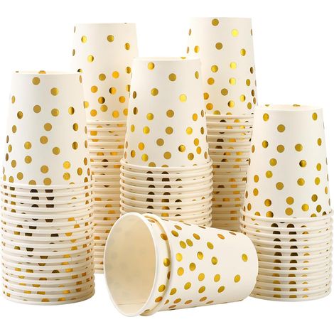Lot de 100 Gobelets, Papier, 250 ml, Pois Dorés, Boissons Chaudes Froides, Fête (1/5)