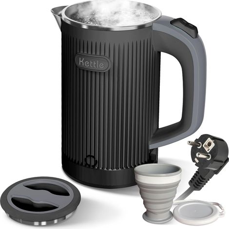 Portable Electric Kettle with Folding Cup, 800ml Travel Electric Kettle Fast Boiling Quiet Stainless Steel Small Kettle Low Power Kettle, Auto Shut-Off, Boil-Dry Protection (1/5)