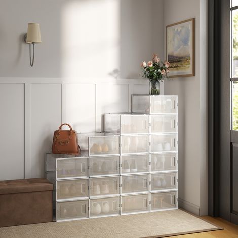 Songmics – Boîtes à chaussures transparentes – Lot de 18 – Organisateur empilable jusqu'à la pointure 44 – Dimensions 33,5 x 23,2 x 14,3 cm