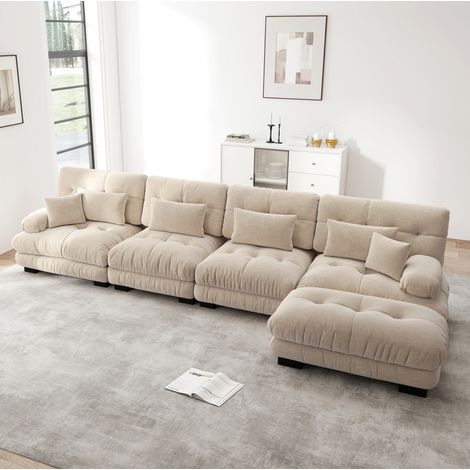Sofá modular rinconera 4 plazas color café claro en chenilla con otomana móvil y diseño en L (1/5)