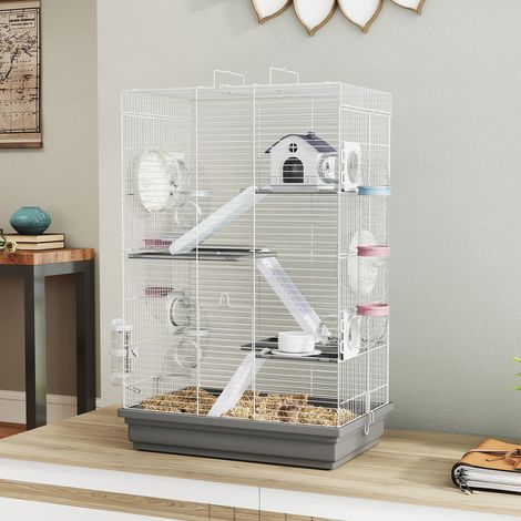 Cage à hamster à 4 niveaux et 16 tubes avec maisonnette, rampe, gamelles, abreuvoir et bac de récupération des égouts, en métal et plastique, 47 x 30 x 70 cm, grise