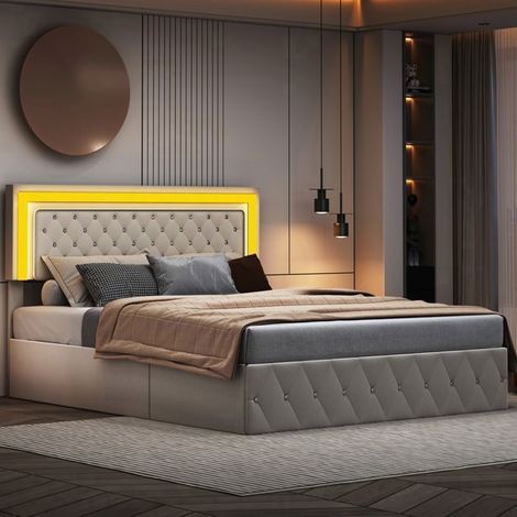 Beige Velours Bett mit 140x200 cm, integrierter LED-Beleuchtung, Lattenrost und hydraulischem System