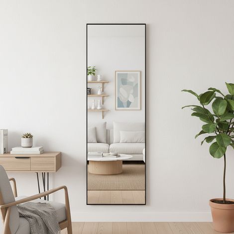 Espejo de pie, espejo de pared y espejo de cuerpo entero, 53 x 162 cm, rectangular, con marco, base antideslizante y soporte ajustable - Negro (1/5)