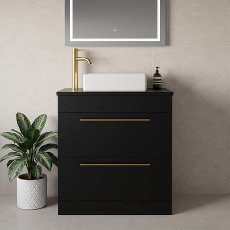 Napoli 390 Matt Black 800mm 2 Drawer Vanity Unit for Countertop Basins - 800mm - Brushed Brass 480mm Handle
