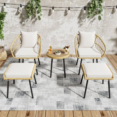 Conjunto de jardín de ratán y hierro galvanizado blanco y natural con 2 sillas, 2 taburetes, mesa y cojines (1/5)