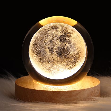 Lampe de bureau décorative USB créative en forme de lune et de galaxie, avec socle en bois massif. Lune (6 cm). (1/5)