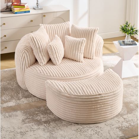 Fauteuil relax rond 168x123x63 cm en tissu beige avec repose-pieds, 5 coussins, pour salon – MEUBLIV (1/5)