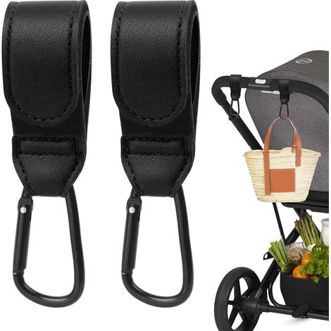 2 Pièces Crochet Poussette Accessoire, Mousqueton Accroche pour Sac à Langer, Universel Mousqueton Poussette pour Enfant Voyage Suspendre Les Sacs, Organisateur (Noir) (1/5)
