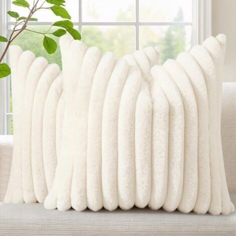 Lot de 2 housses de coussin décoratives en fausse fourrure 45 x 45 cm, motif rayé neutre avec dos en velours pour canapé, lit, salon, décoration d'intérieur, blanc crème