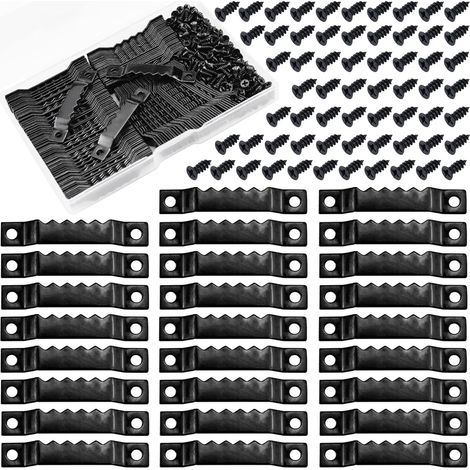 100 schwarze Zackenaufhänger, Bilderrahmenhalterungen aus Stahl, 200 Schrauben für Wanduhren, Bilder, Holzgegenstände, Dekorationen, Kunstwerke, Schilder und Poster. – AquaForge (1/5)