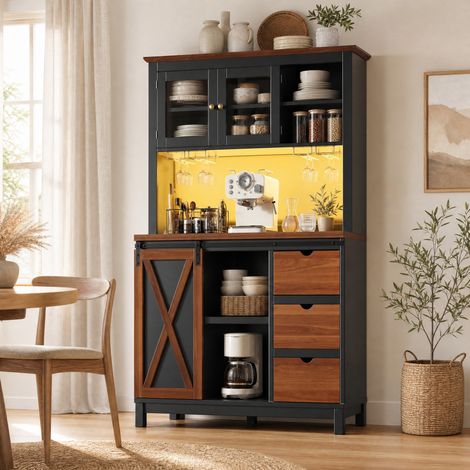 Aparador alto de cocina MDF, metal y vidrio negro con LED, puerta corredera y estantes ajustables, 104x40x180 cm