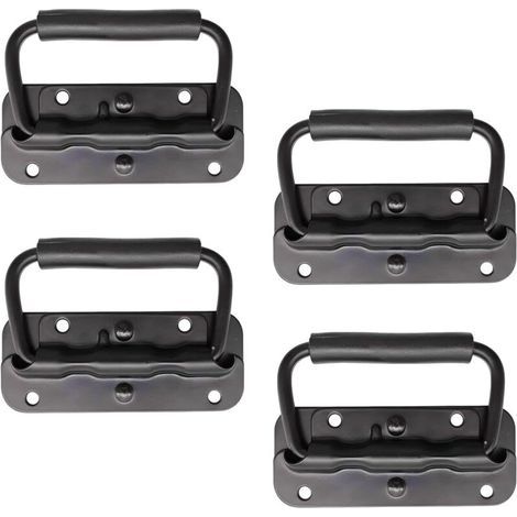 4 Pièce Poignée Pliante à Ressort Inox 100 mm Poignée de Traction Porte Pliante Poignée de Caisse Pliable Poignée de Boîte avec Poignée pour Boîte à Outils Porte Armoire Trappe (Noir) (1/5)