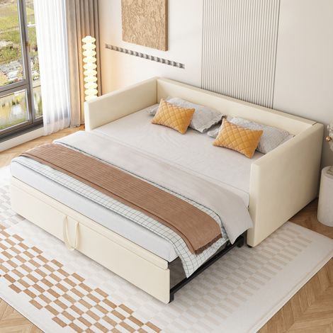 Lit gigogne 2 places 90/180 x200 avec sommier à lattes en bois et métal – Canapé convertible en velours – 3-en-1 : lit simple, lit double, canapé (1/5)