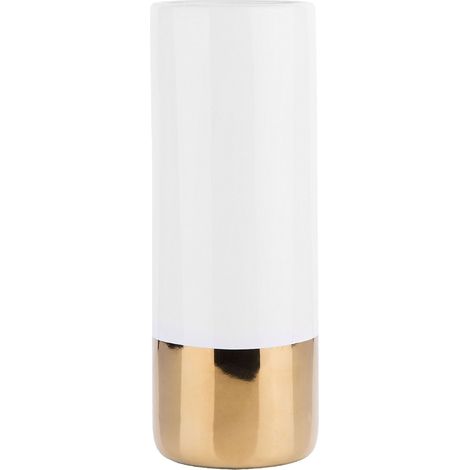 Beliani – Vase décoratif cylindrique 36 cm en grès blanc et doré – Design moderne et glamour – Meuble attrayant pour intérieur
