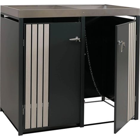 Cache-poubelles extérieur double avec bac à plantes abri pour 2 poubelles 80 à 240 L métal anthracite effet bois clair 040009323