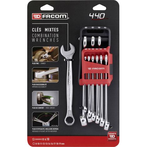 Facom – Jeu de clés mixtes 9 pièces – Ouverture métrique 8-19 mm – Résistant aux chocs et produits chimiques – Pour espaces confinés (1/2)