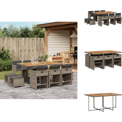 11-tlg. Garten-Essgruppe mit Kissen Grau Poly Rattan - Gartenmöbel Set - Gartentisch - Gartenstühle - Gartenhocker - Rattan Möbel (1/5)